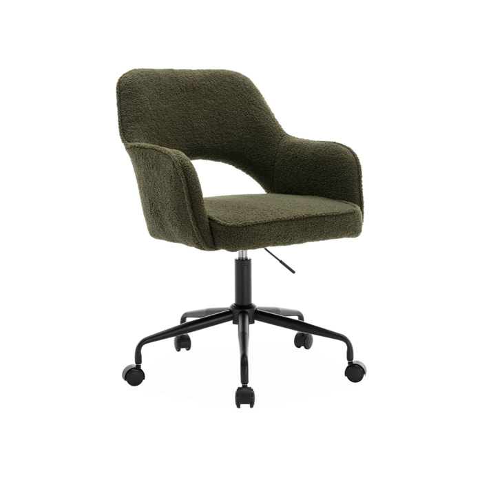 Chaise de bureau à roulettes bouclettes kaki foncé. Jim. L 60 x P 62 x H 89 / 99cm.
