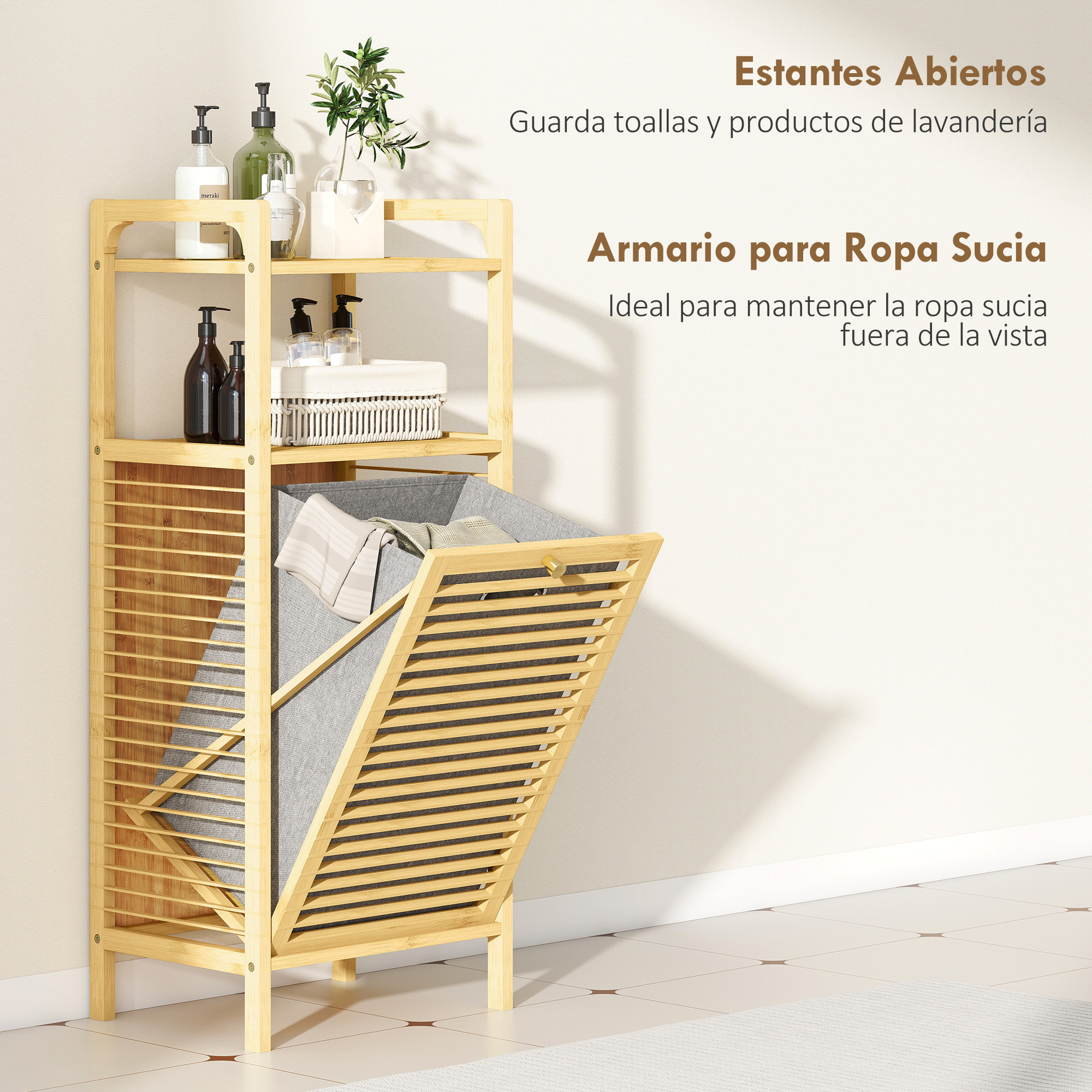 Mueble de Baño con Cesto Ropa Sucia, Mueble Ropa Sucia de Bambú, Bolsa de Ropa Extraíble y Lavable con Asa, 2 Estantes Abiertos, para Lavadero, 40x30x95 cm Natural y Gris