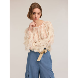 Motivi - Blusa maniche lunghe in pizzo con rouches - Bianco