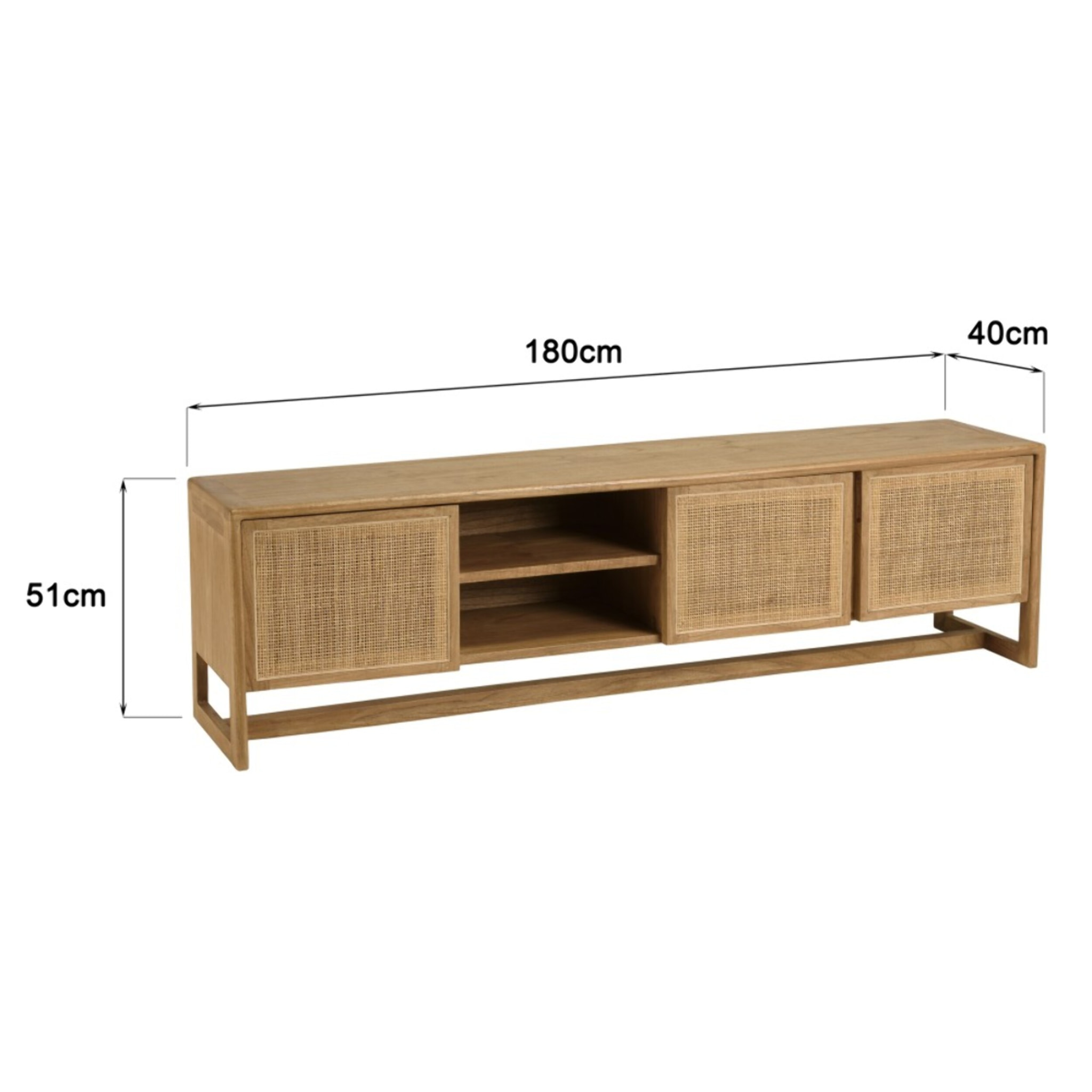 AMY - Meuble TV 3 portes 2 niches L180cm en bois de mindi et rotin naturel