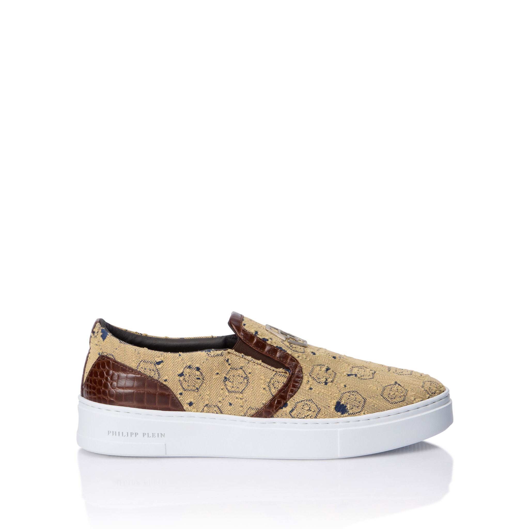 PHILIPP PLEIN Slip On Sneakers Denim Jacquard Monogram