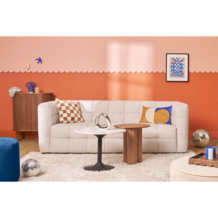 Canapé design 3 places et repose-pieds en tissu effet velours texturé beige CORTO