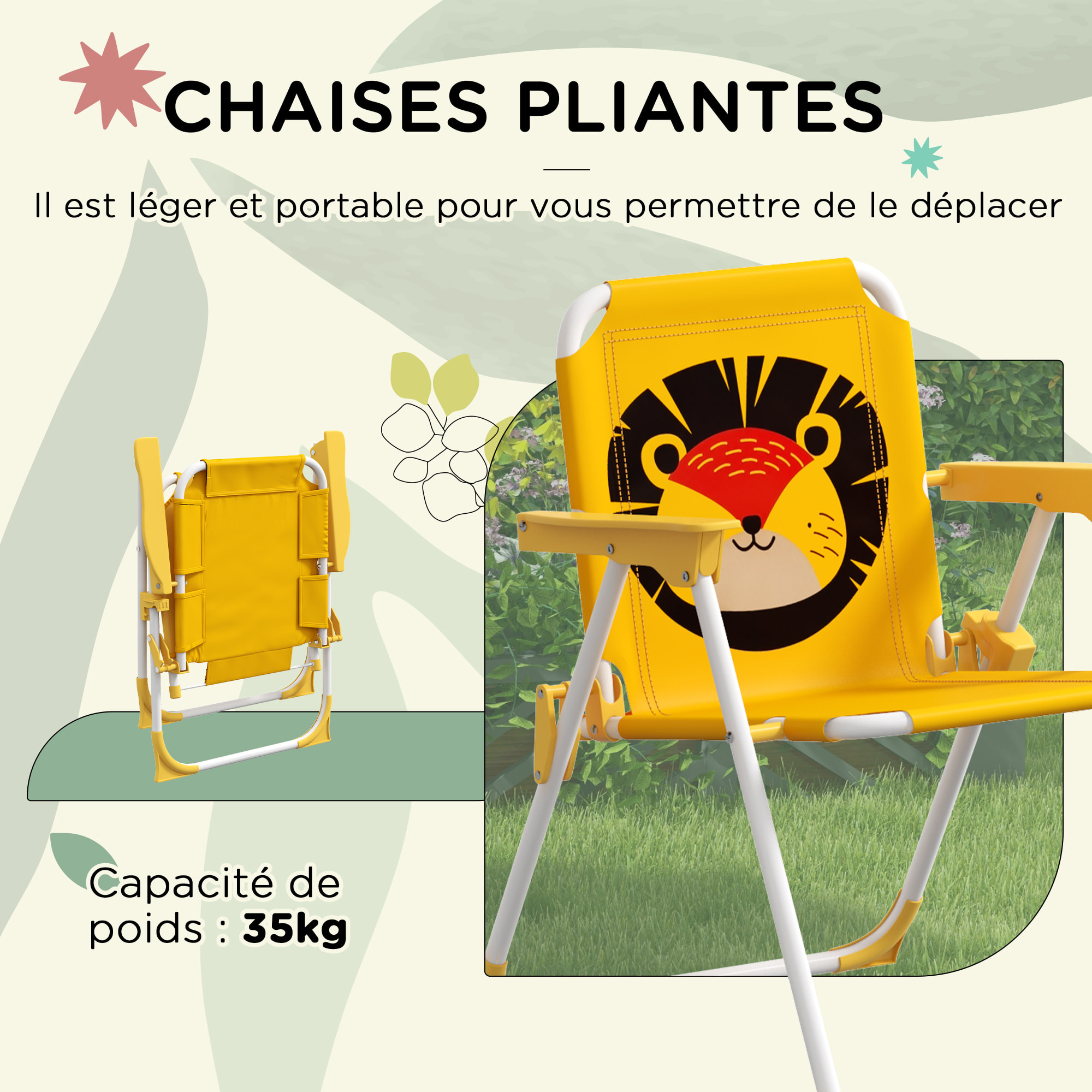 Ensemble salon de jardin enfant 4 pcs design lion - chaises pliables - métal polyester jaune rouge