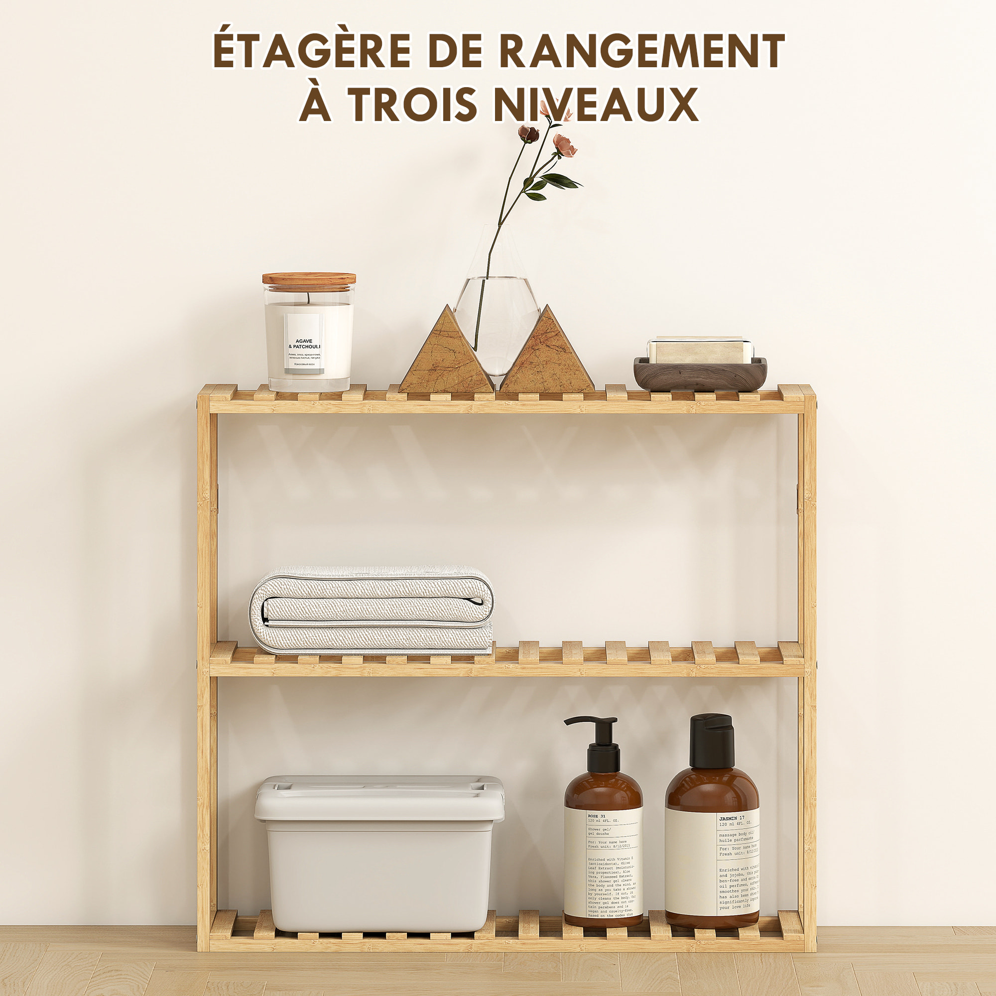 Étagère salle de bain bois bambou verni 3 niveaux réglables étagères à lattes dim. 43 x 31 x 80 cm