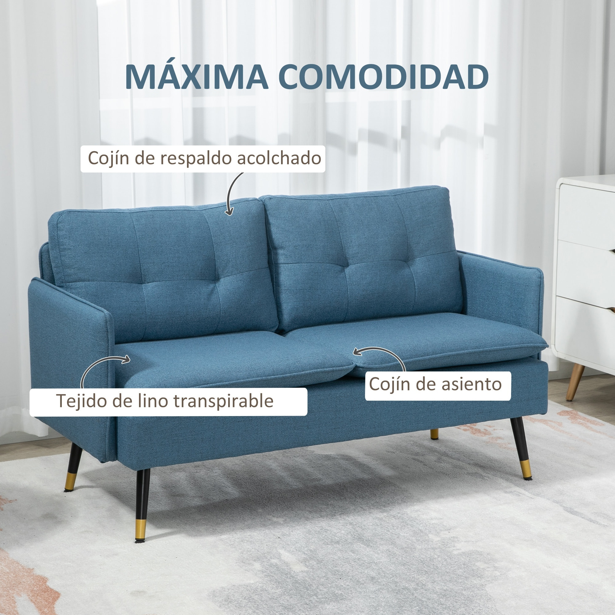 Sofá de 2 Plazas Tapizado en Lino Sofá de Salón con Cojines Reposabrazos y Patas de Acero para Dormitorio Oficina Carga 240 kg 139x68x80 cm Azul