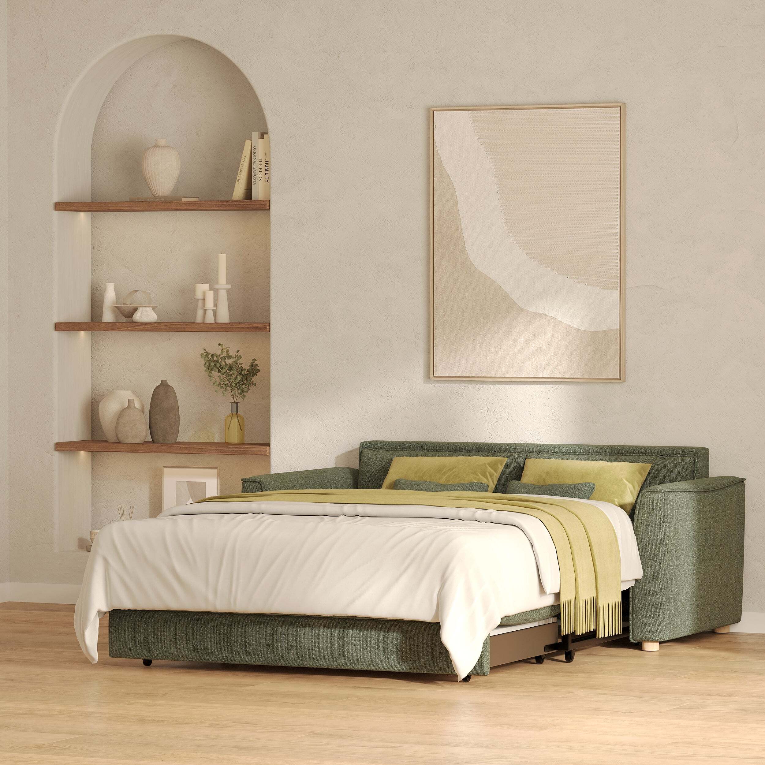 Canapé convertible 2 places en tissu texturé vert kaki - Olympe