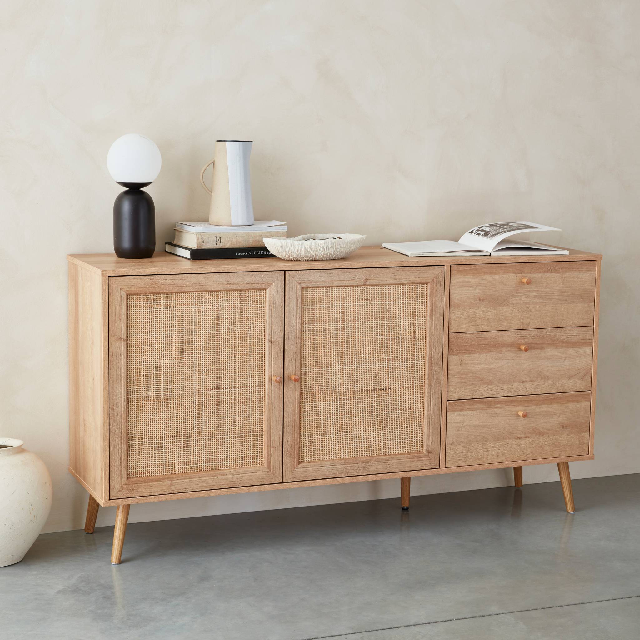 Buffet de rangement naturel en cannage 2 portes 3 tiroirs. buffet bas. L150 x l39 x H79cm - Bohème