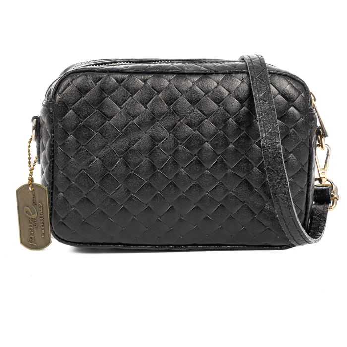 Degna bolso bandolera mujer. Piel auténtica Gamuza con grabado entrelazado y lacada brillante.