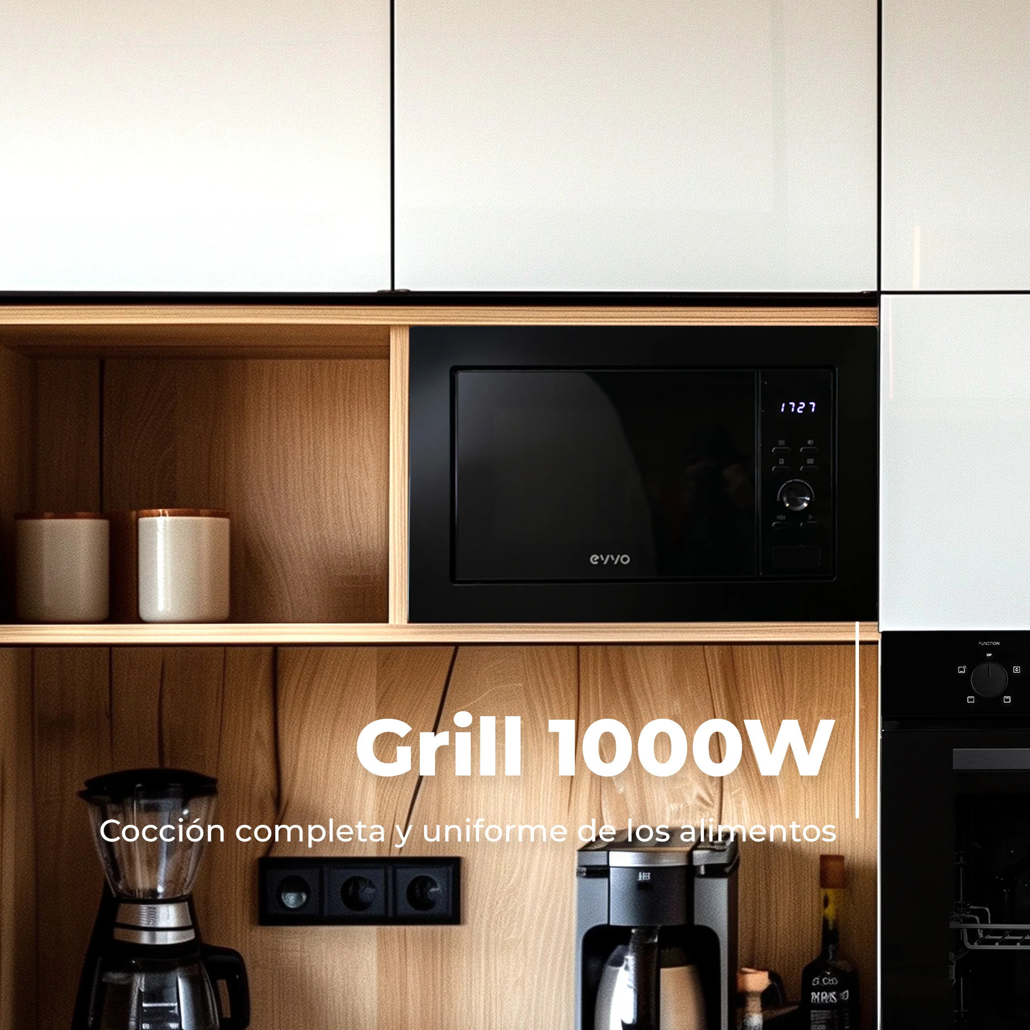 EVVO Microondas integrable Mi30 Black, 21L, grill 1000W, multifunción, descongelar, temporizador 60 min, display digital, negro.