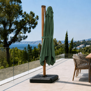 Parasol rectangulaire 2x3m déporté rotatif vert structure effet bois OTA