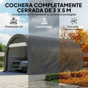 Carpa Garaje Portátil 3x5 m, Garaje Exterior para Coche Impermeable con Puerta Enrollable con Cremallera, Estructura de Acero Galvanizado, UPF30+, Cobertizo de Almacenamiento, Gris