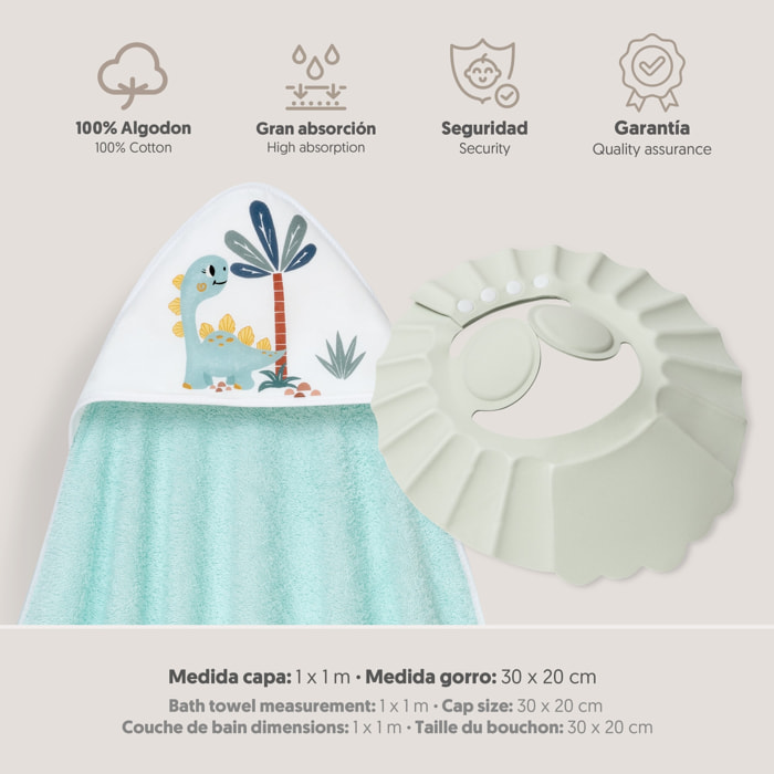 Capa Baño 1X1 Mod Estampado Dinosaurio Palmera+Gorro Verde
