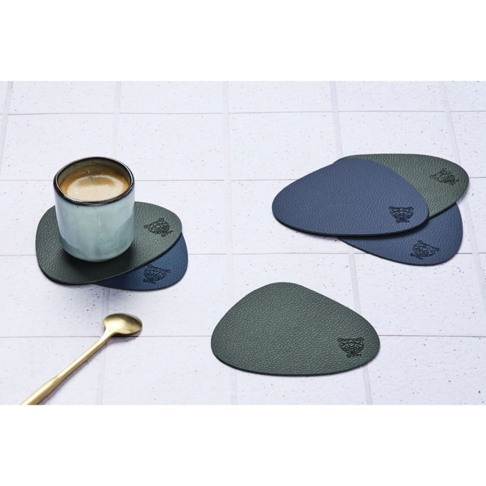 Sous-verre curve réversible - 6 pièces - Cuir recyclé bleu nuit et gris anthracite