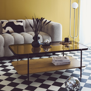Table basse rectangulaire double plateau verre, décor bois et métal SMOOKY