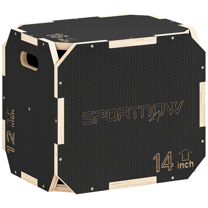 Cajón Pliométrico de Madera 3 en 1, Plataforma de Caja Pliométrica con 3 Alturas Ajustables 41/36/31 cm, Asas, sin Esquinas, Entrenamiento de Salto, Fuerza, para Casa, Gimnasio y Exterior