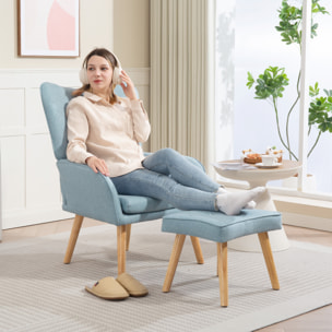 Sillón con Reposapiés Sillón Lectura con Respaldo Alto Capitoné Patas de Madera y Tapizado en Lino Butaca para Salón Dormitorio Oficina Azul Claro