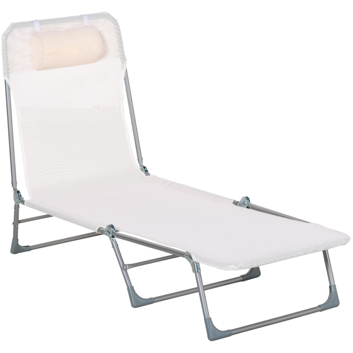 Tumbona Plegable y Reclinable con Reposacabezas y Respaldo Ajustable Crema