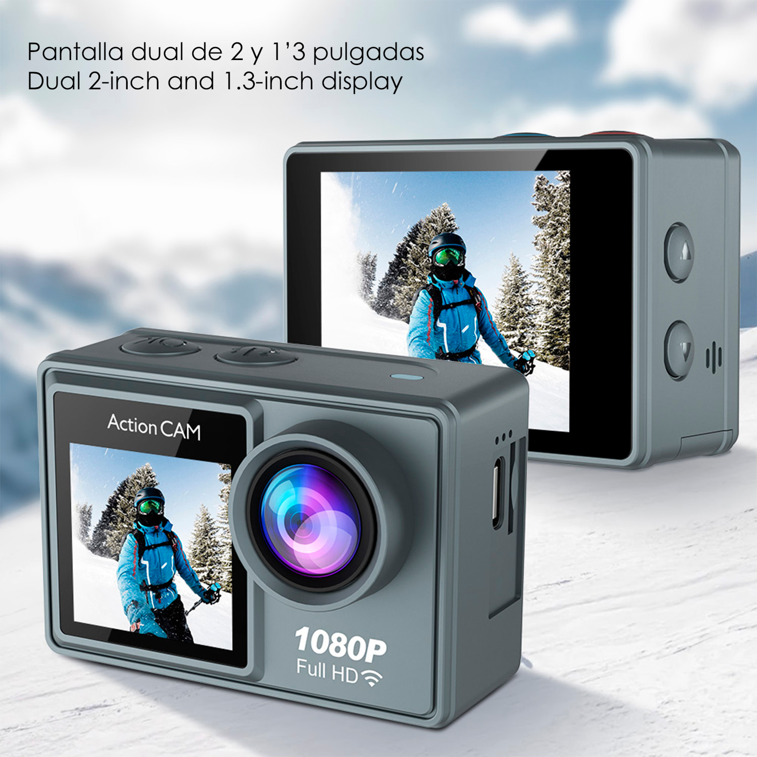 Cámara Sportiva AT-G40 1080FHD con 12 mpx, doppio schermo di 2" e 1.3" con una moltitudine di accessori sportivi e WIFI.