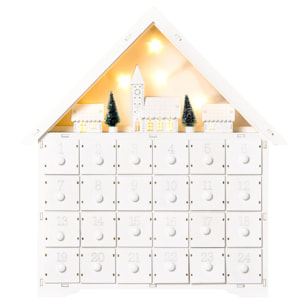 Calendario de Adviento de Navidad Madera con 24 Cajones y Luces LED Decoración Navideña Modelo Casita 39x9x42 cm Blanco