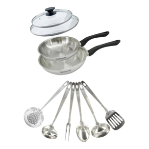 Set 2 poêles 20 et 24 cm en inox, couvercle verre et 6 ustensiles inox Fackelmann Geneva