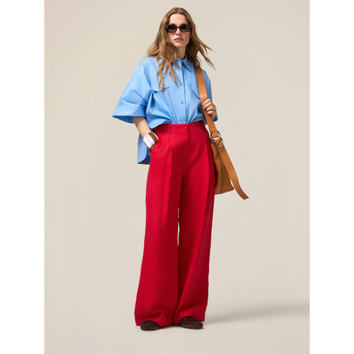 Oltre - Pantalones palazzo 100% lino - Rojo