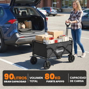 Carro Playa con Ruedas Grandes Bloqueables, Carro de Jardín Plegable con Mango Ajustable, Portavasos y Marco de Metal, Carga 80 kg, Carrito Transporte para Jardín, Campaña, Compras, Negro