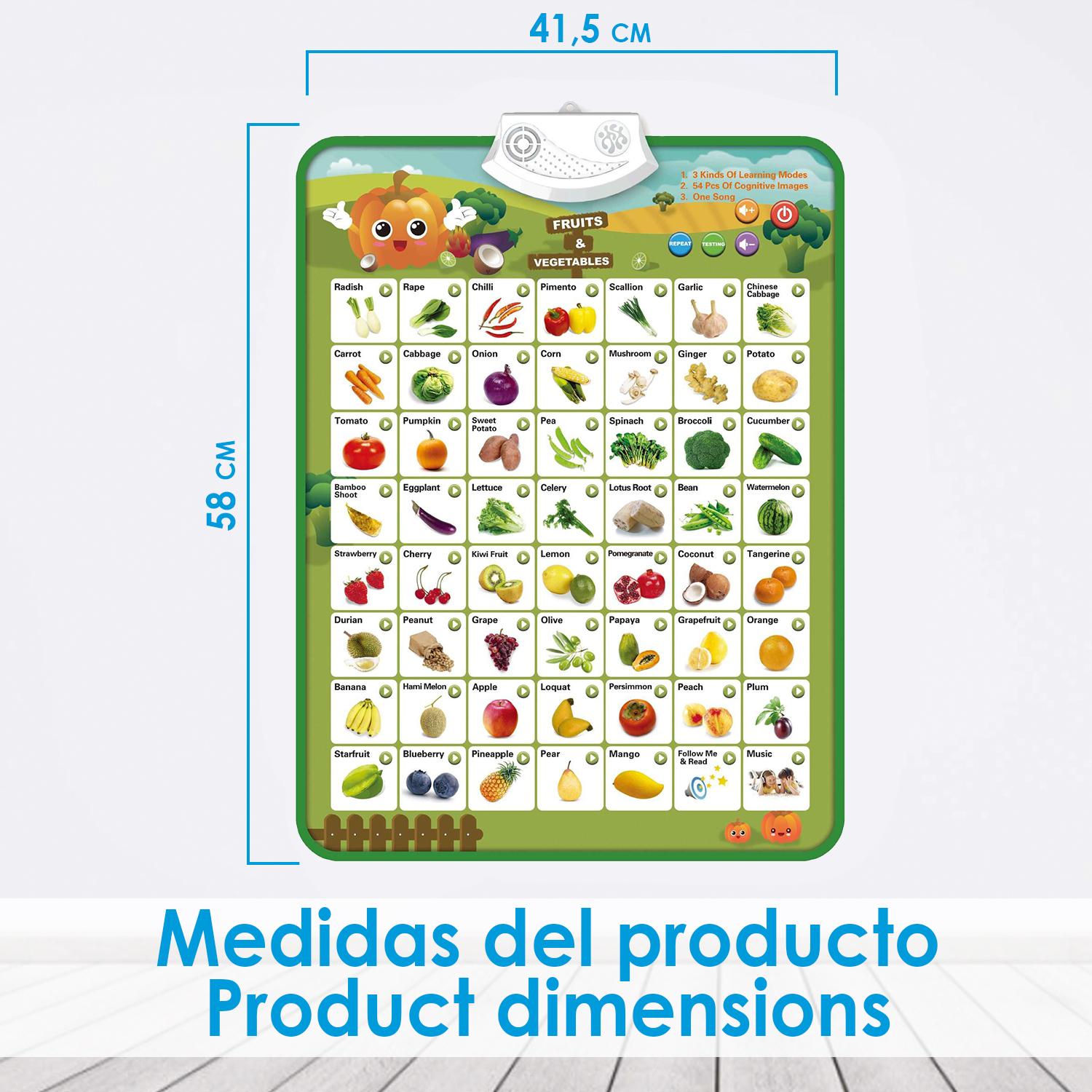 Abecedario electrónico interactivo con Frutas y Verduras para aprender inglés, ABC parlante y póster musical. Juguete educativo para niños pequeños, guardería, preescolar.