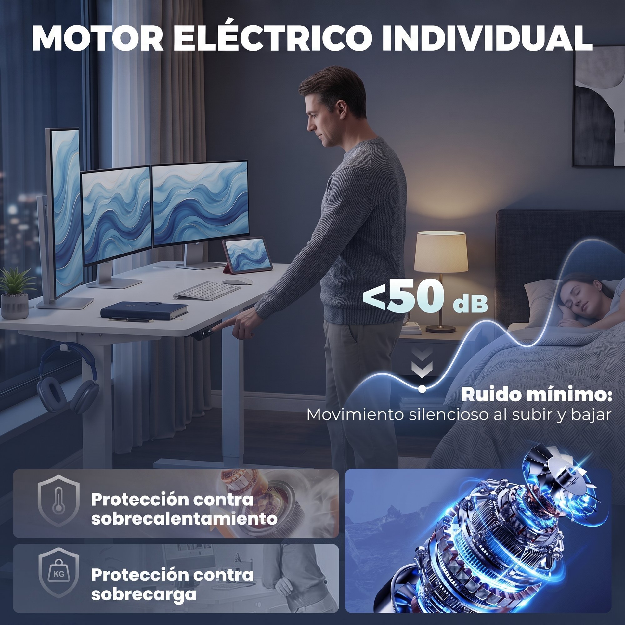HOMCOM Escritorio Elevable 140x60 cm, Escritorio Eléctrico Regulable en Altura con 3 Alturas de Memoria, Pantalla LED, 2 Ganchos, 2 Pasacables, para Oficina en Casa, Estudio, Blanco