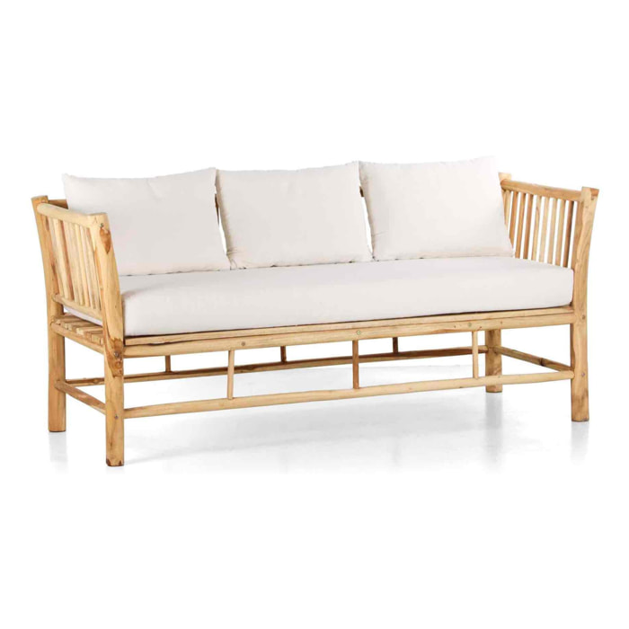 Divano da giardino 3 posti in teak con cuscini ecru - Shein