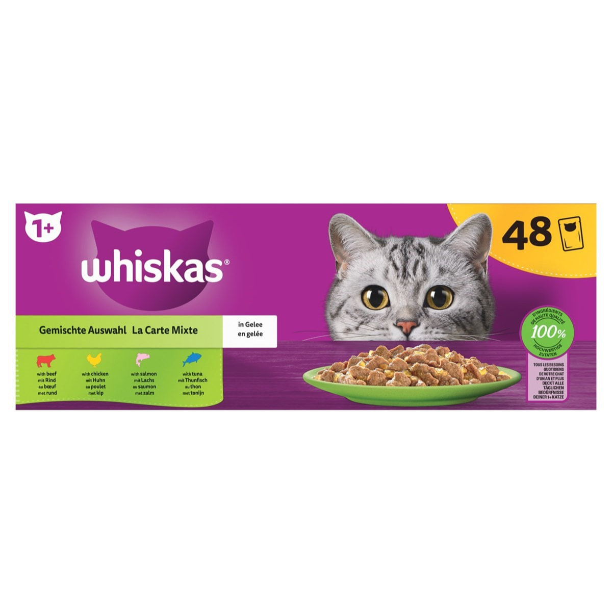 WHISKAS 96 Sachets fraîcheur en gelée 4 variétés mixtes pour chat 85g (2x48)