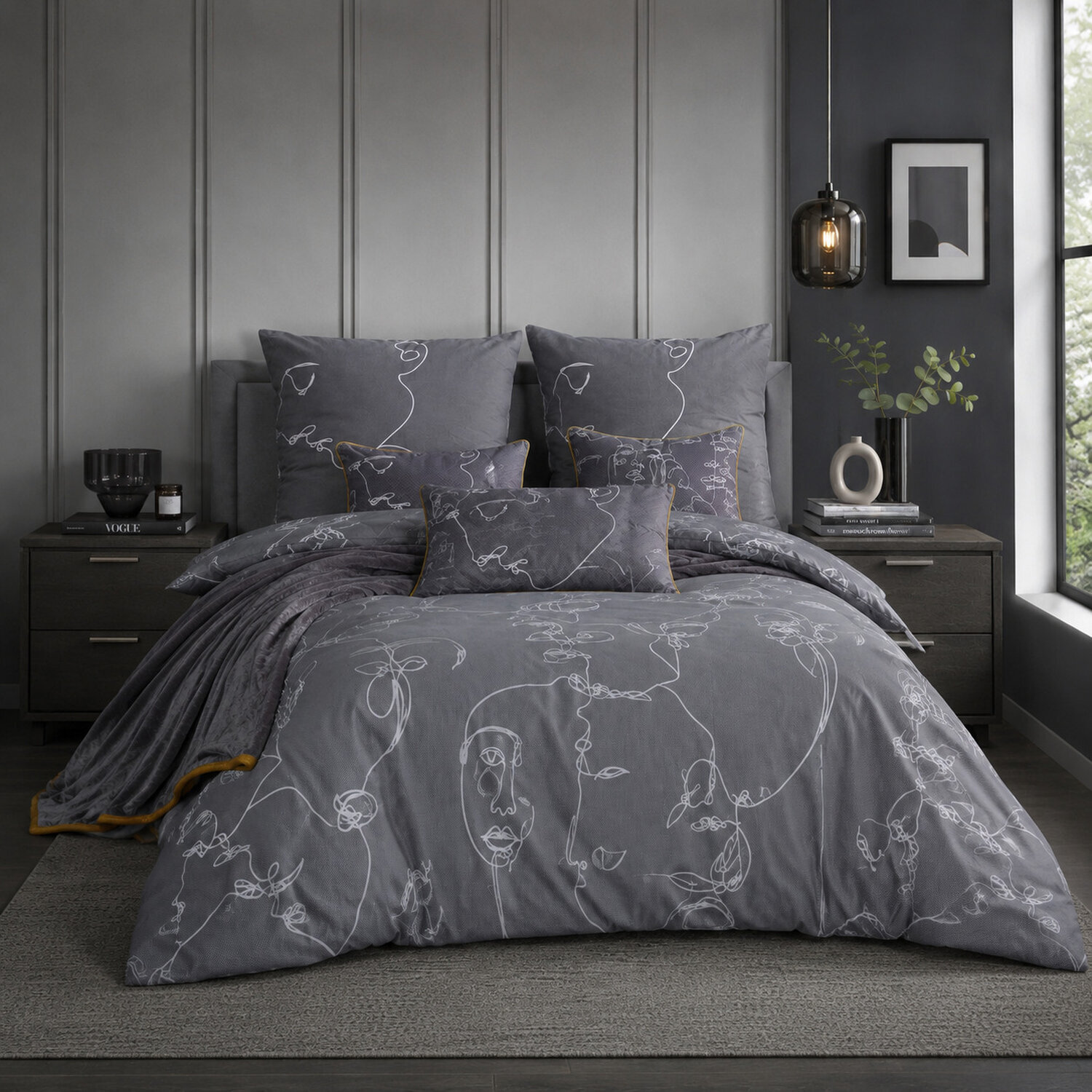 Parure de couette + taies oreiller 100% coton - motif visage abstrait gris