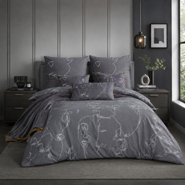 Parure de couette + taies oreiller 100% coton - motif visage abstrait gris
