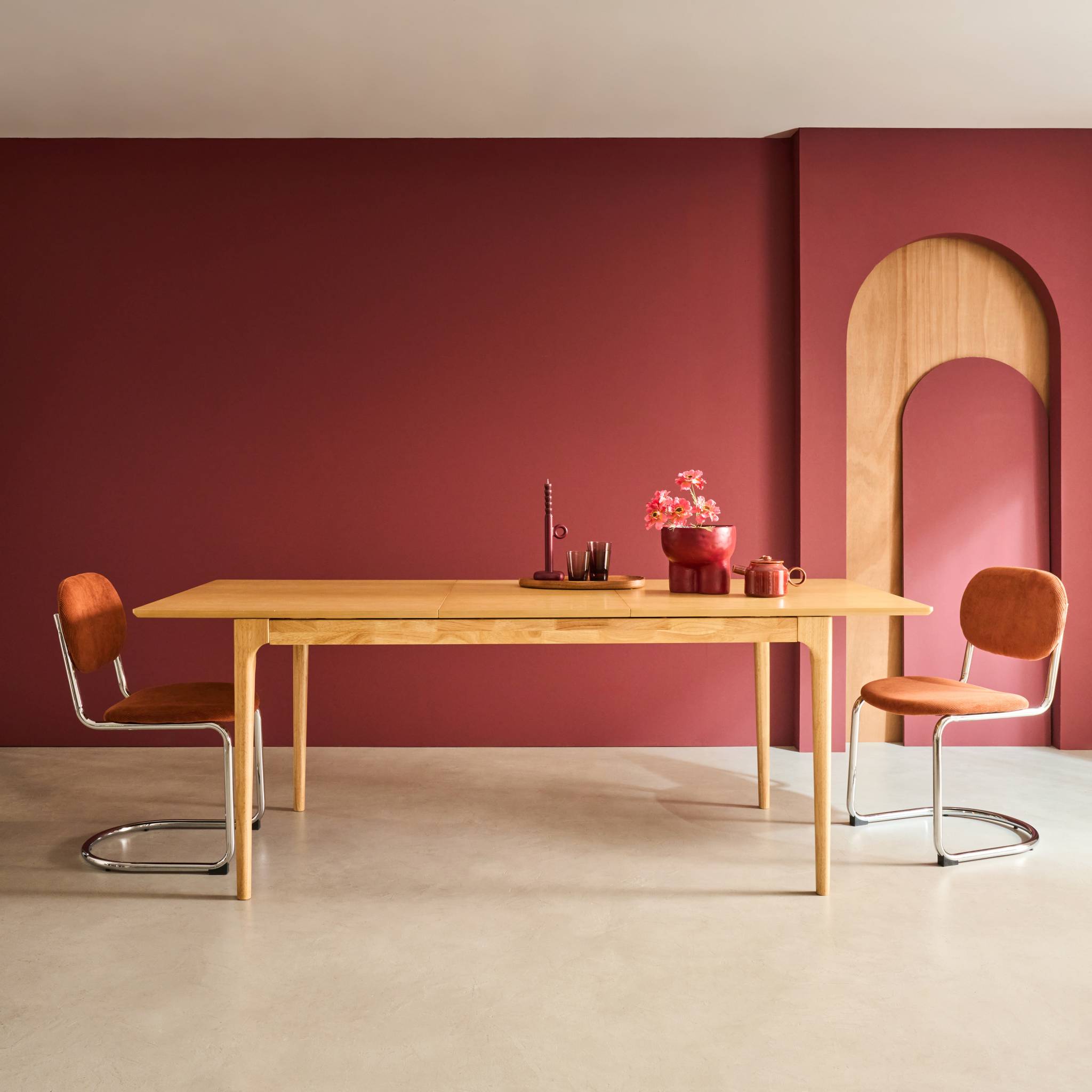 Table à manger rectangulaire extensible bois d'hévéa et placage frêne 6-8 places ELENA