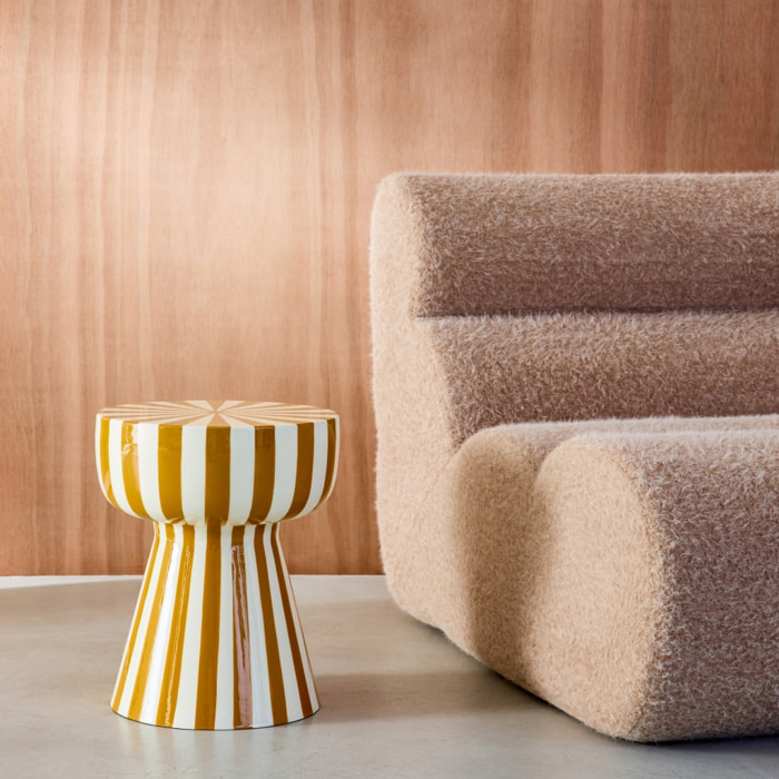 Table d'appoint. bout de canapé. table de chevet. acier émaillé rayures bicolore. ocre et blanc. Ø34 x H41cm