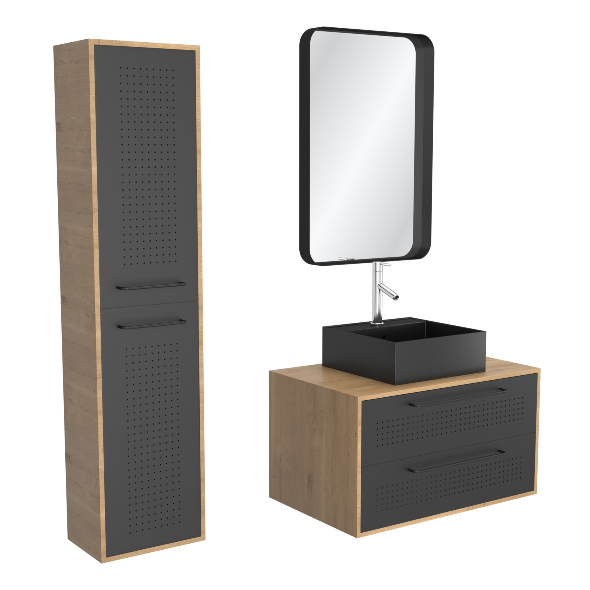 Meuble Salle de Bains 80 cm, Vasque Carrée, Miroir et Colonne - Chêne naturel et Noir - UBY