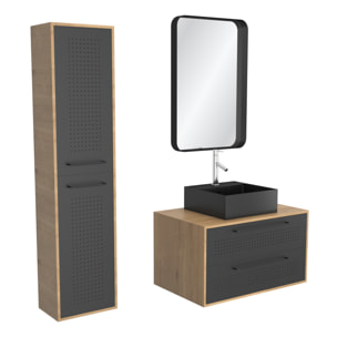 Meuble Salle de Bains 80 cm, Vasque Carrée, Miroir et Colonne - Chêne naturel et Noir - UBY
