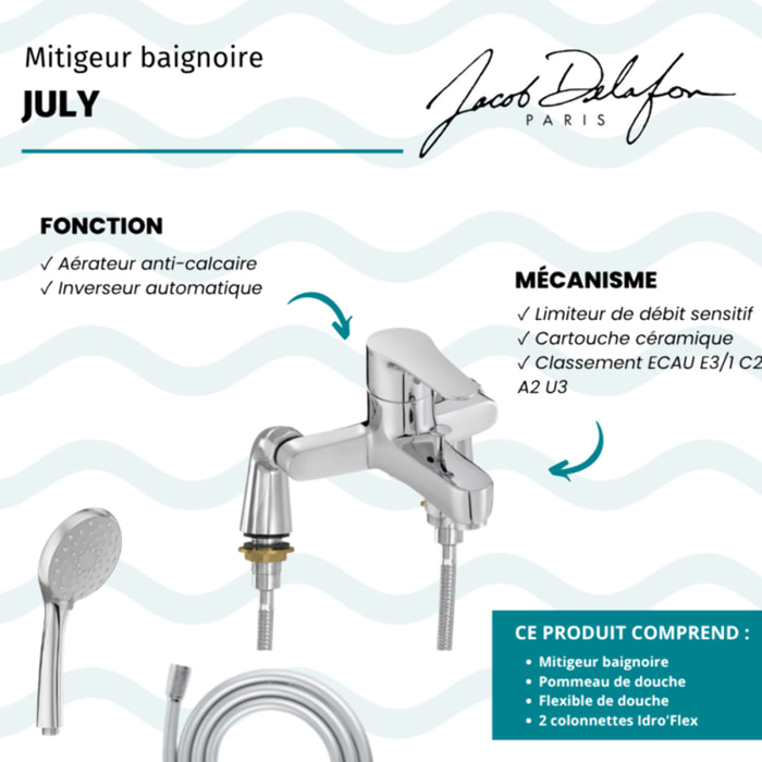 Mitigeur baignoire July + pommeau de douche Awaken + flexible de douche lisse + colonnettes Idro'Flex