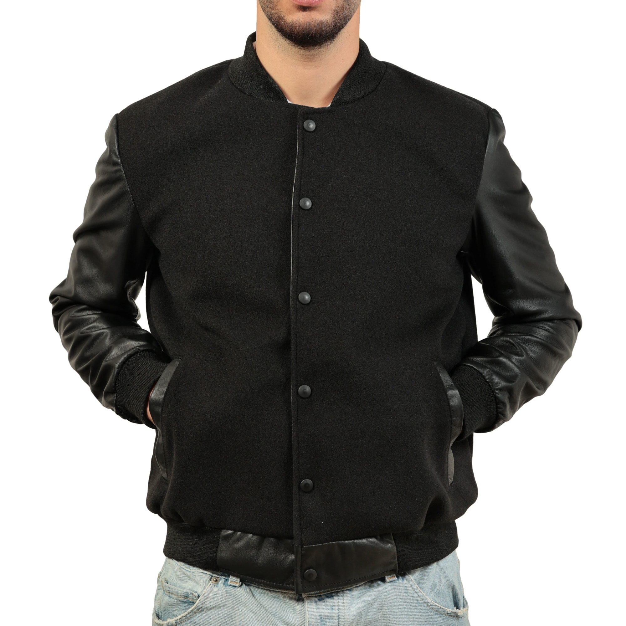 Collage in panno e maniche in pelle Nero