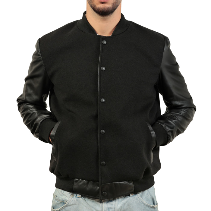 Collage in panno e maniche in pelle Nero