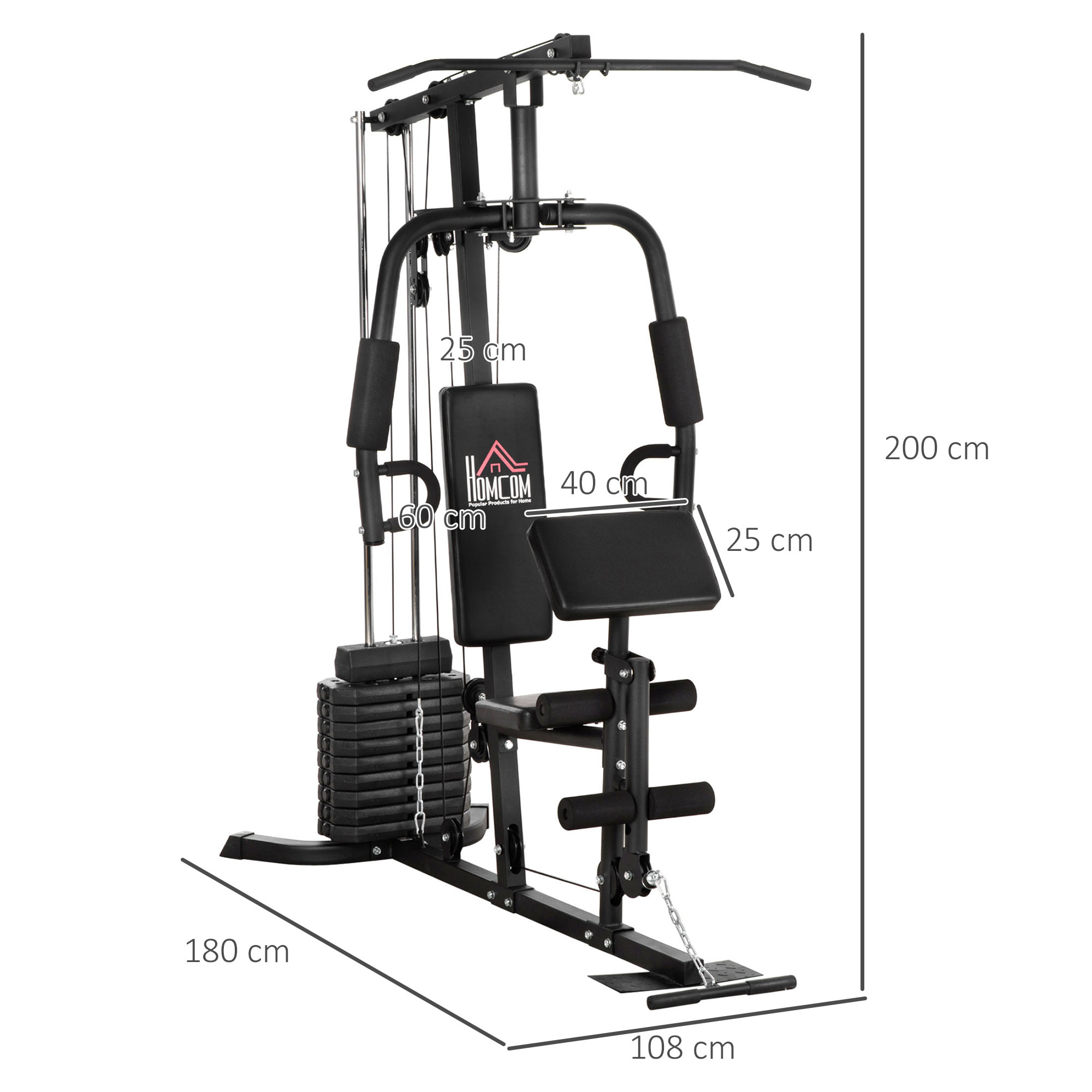 Station de musculation - entrainement complet - développé couché, butterfly, barre latissimus, curler, bande résistance - 9 contrepoids - acier noir