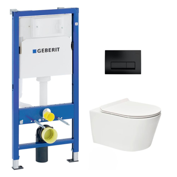 Pack WC sans bride Brevis, fixations invisibles + Abattant softclose slim + Bâti support Geberit UP100 + Plaque Noir mat