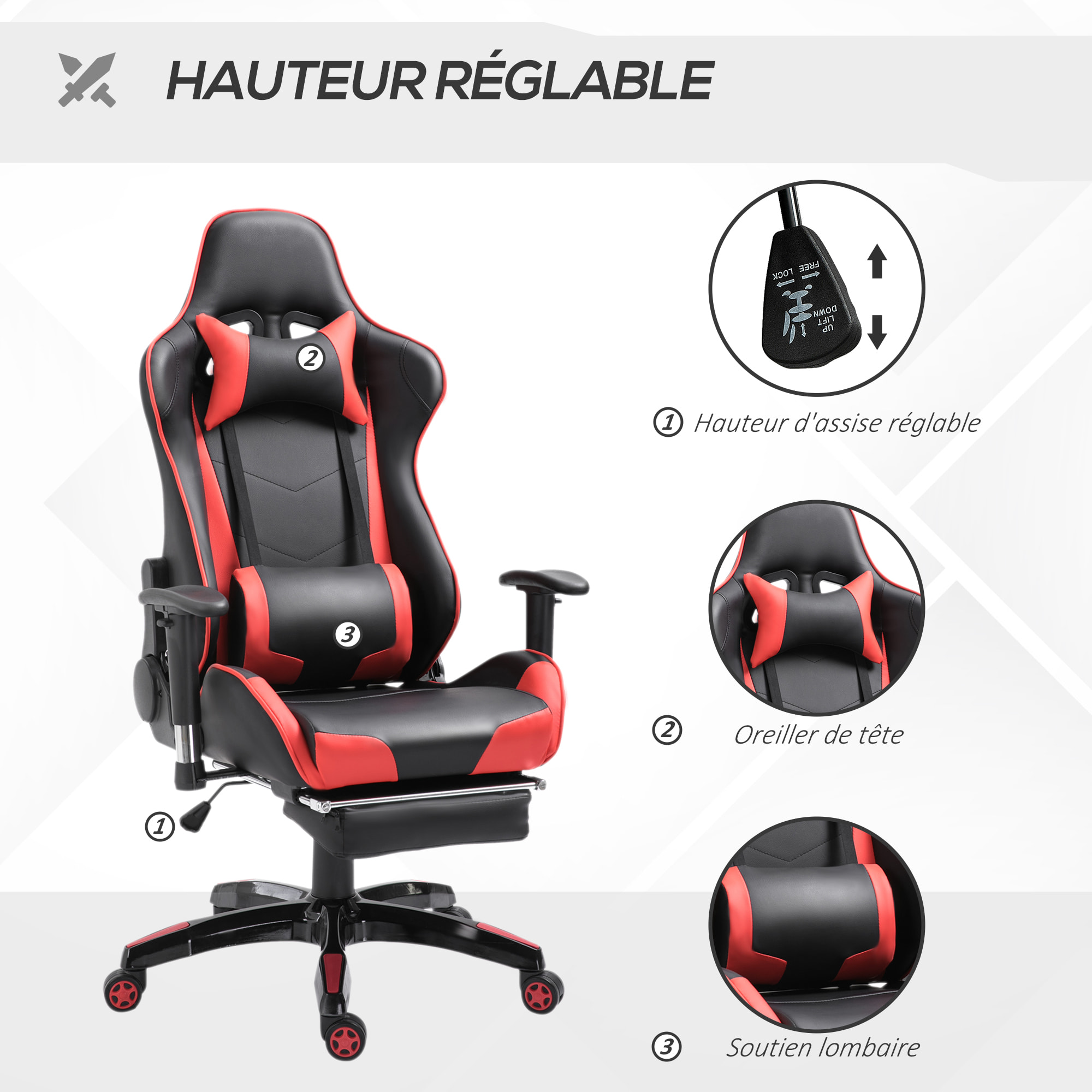 Chaise de bureau gaming style baquet racing pivotant inclinable réglable avec coussins repose-pieds synthétique noir rouge