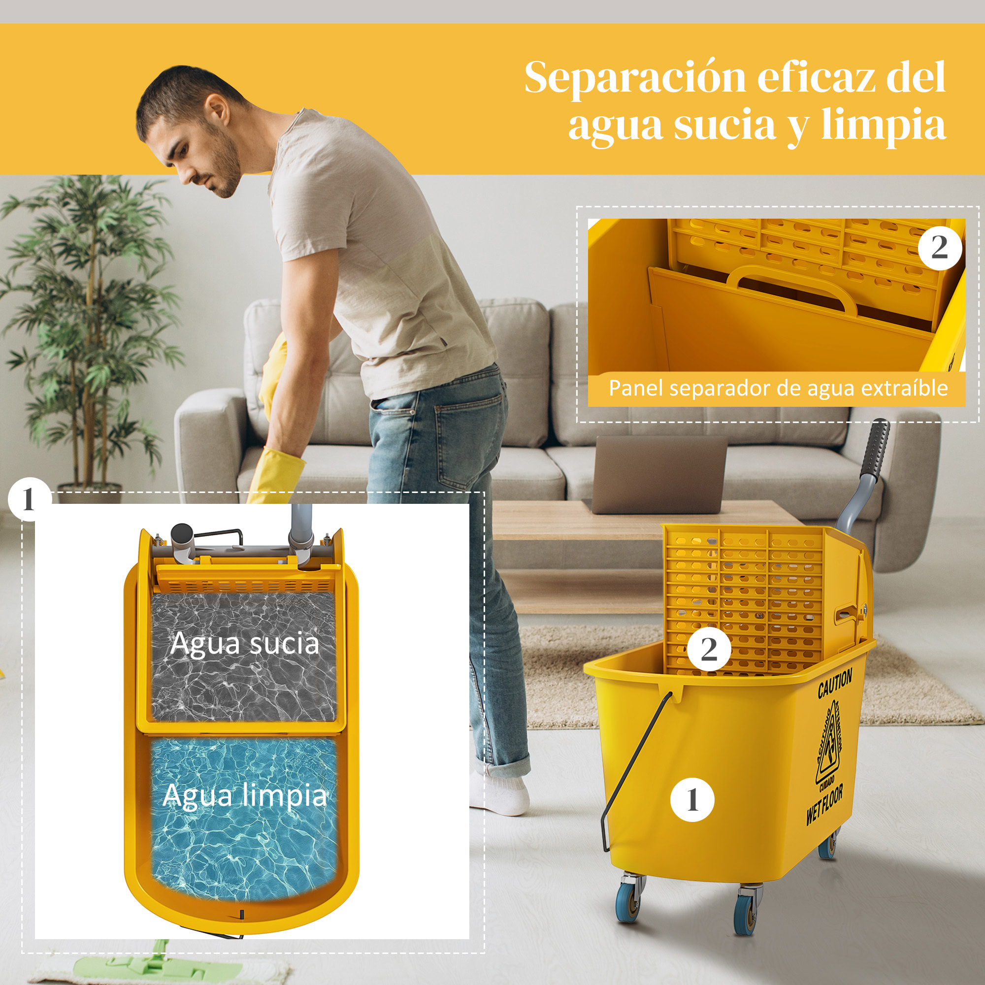 Cubo de Fregona con Ruedas Capacidad de 20 L Cubo de Fregar con Sistema de Escurridor Mopa y Asa de Transporte para Doméstico y Comercial Amarillo