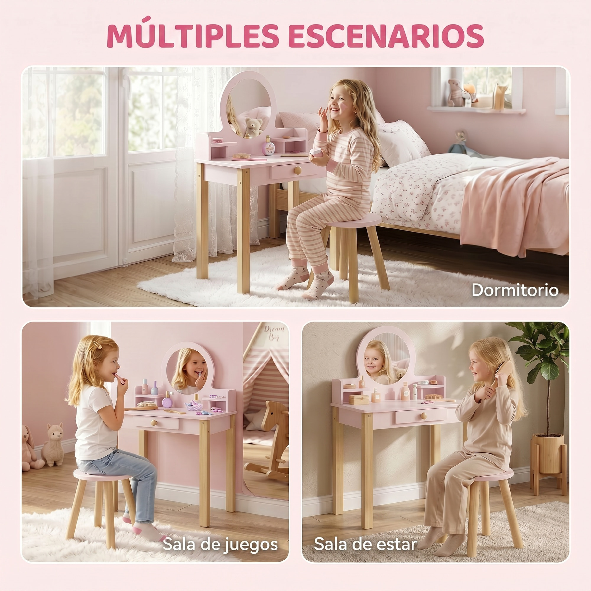 Tocador de Maquillaje Niña, Tocador Infantil con Taburete y Espejo, Cajón y 2 Estantes Abiertos, para Niños de 3 a 6 Años, Rosa