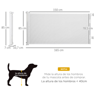 Puerta de Seguridad para Perros y Gatos Extensible 0-150 cm Puerta Retráctil para Mascotas Barrera para Escaleras y Pasillos Aleación de Aluminio 165x10,7x85 cm Blanco