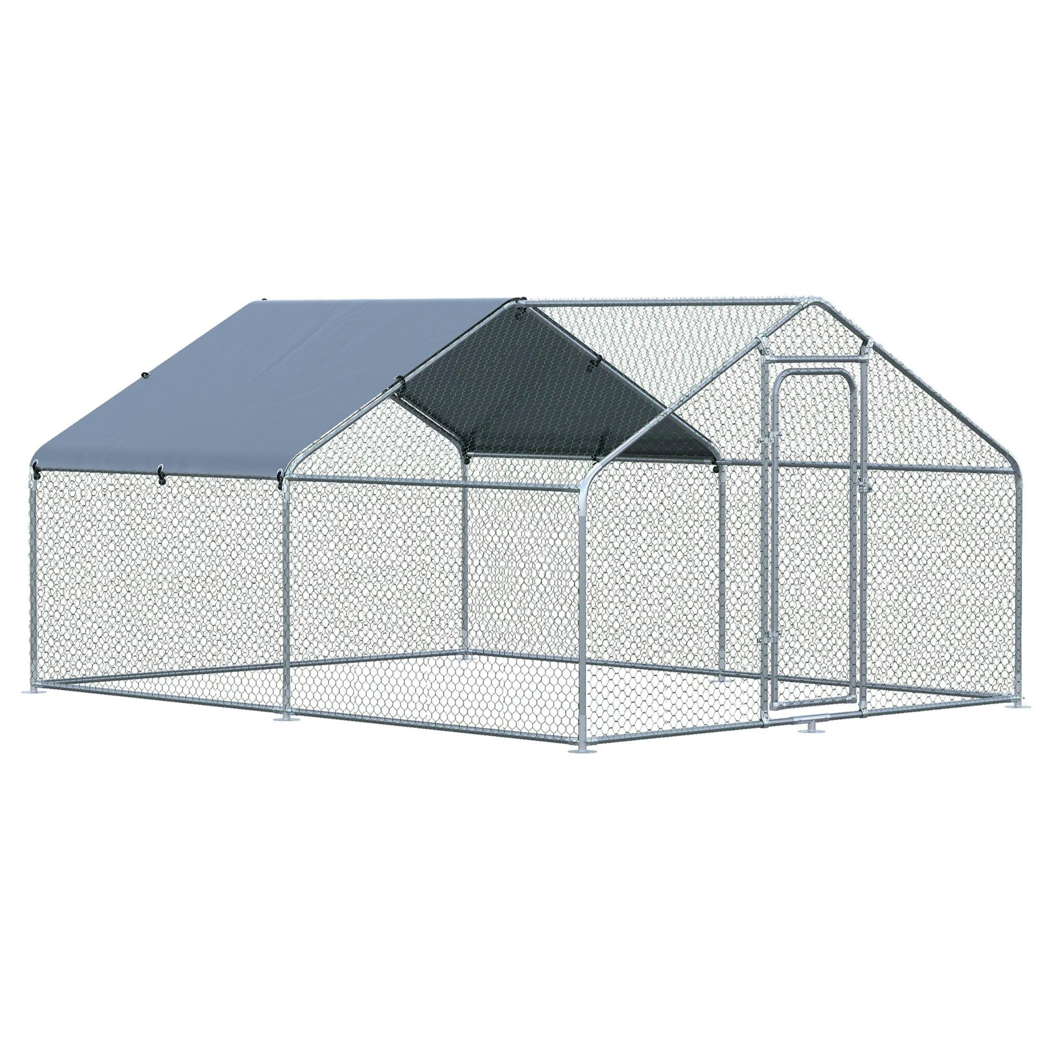 Gallinero Exterior Grande de Metal Galvanizado 3x4x1,95 m Jaula de Aves con Puerta Cubierta de Tela Oxford Resistente a los Rayos UV y al Agua para Patio Plata