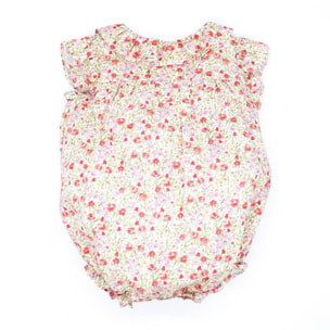 Pelele estampado flor roja, con volante en el cuello y en la sisa.