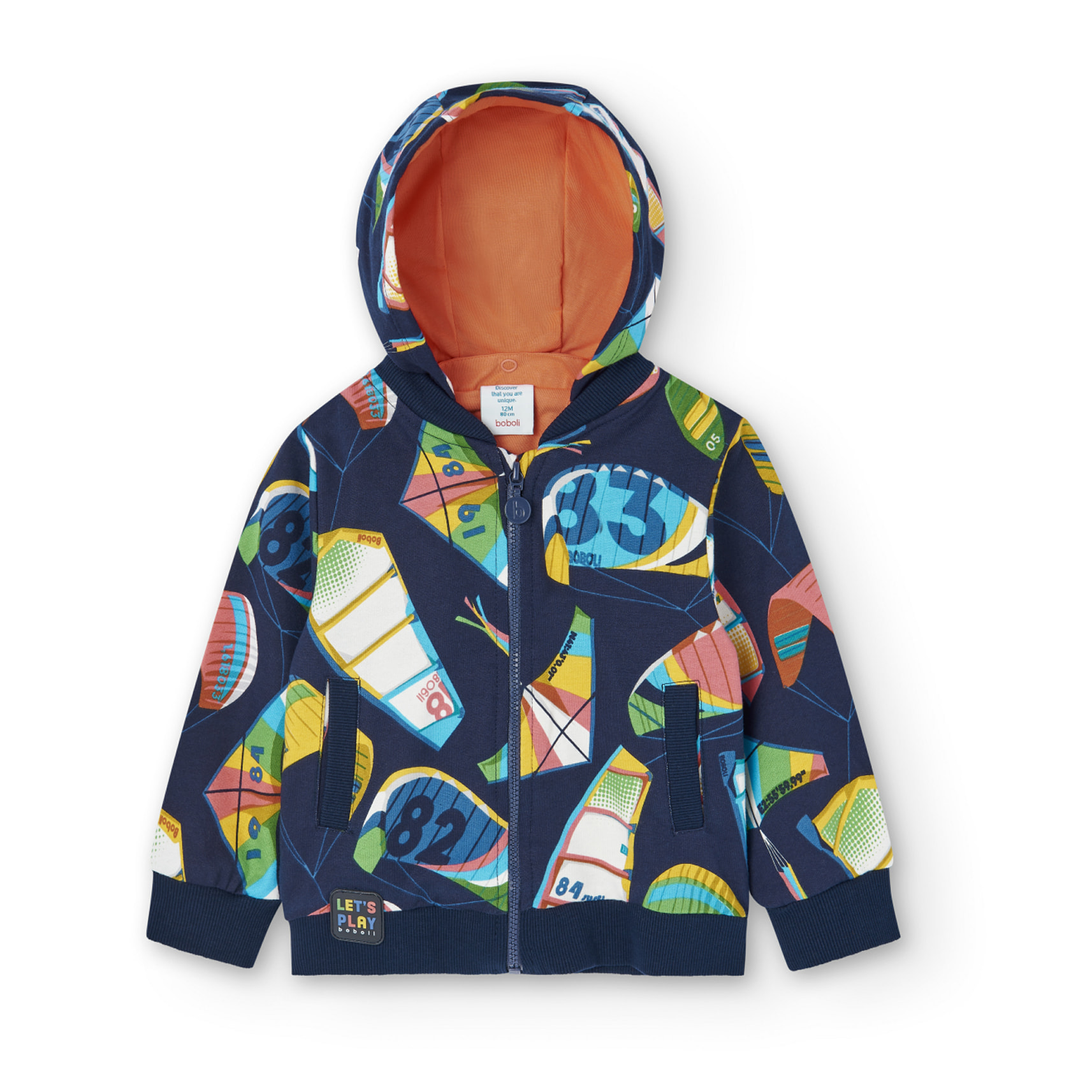 Chaqueta felpa niÃ±o, estampado, capucha desmontable, azul