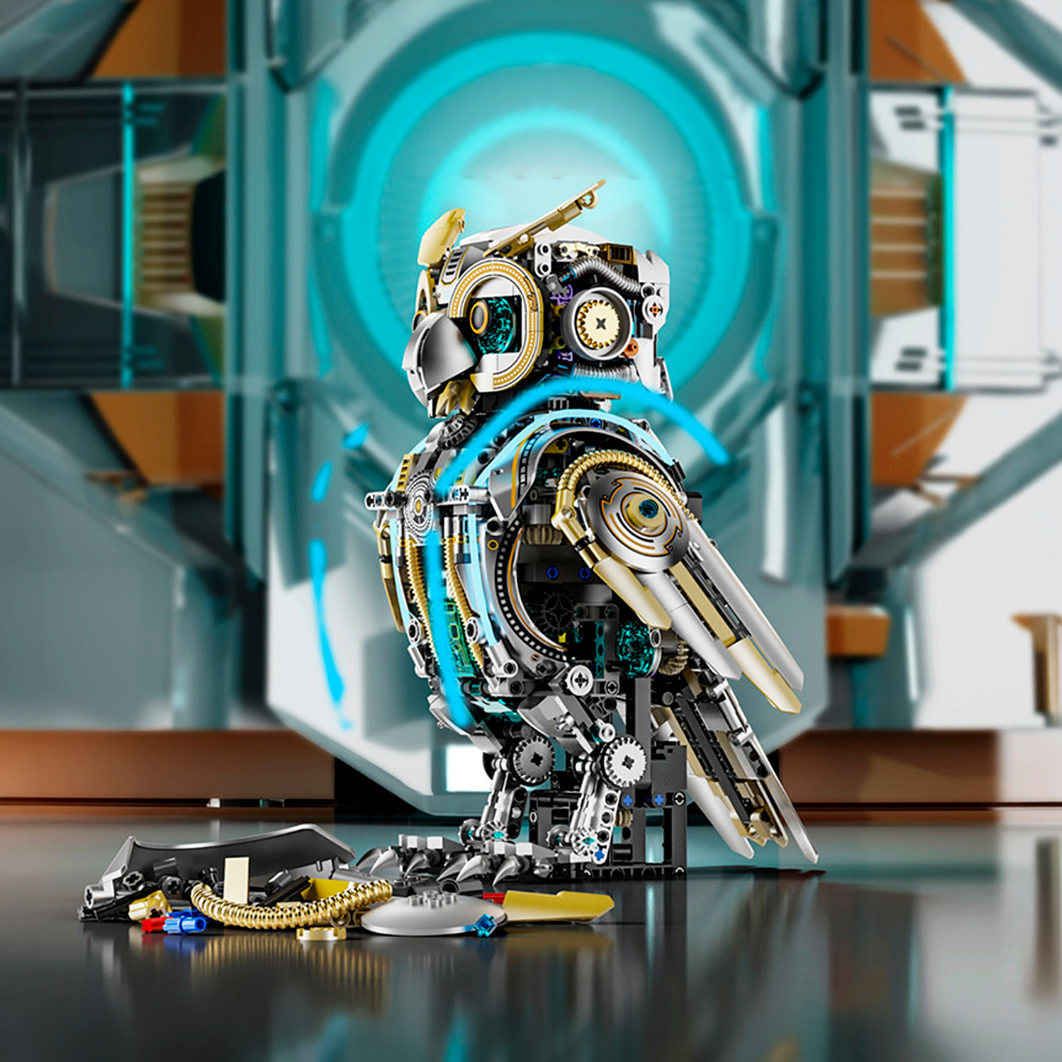 Maqueta 3D mecanizada de buho con 1296 piezas, equipada con luces y mecanismo de manivela que permite movimiento dinámico.