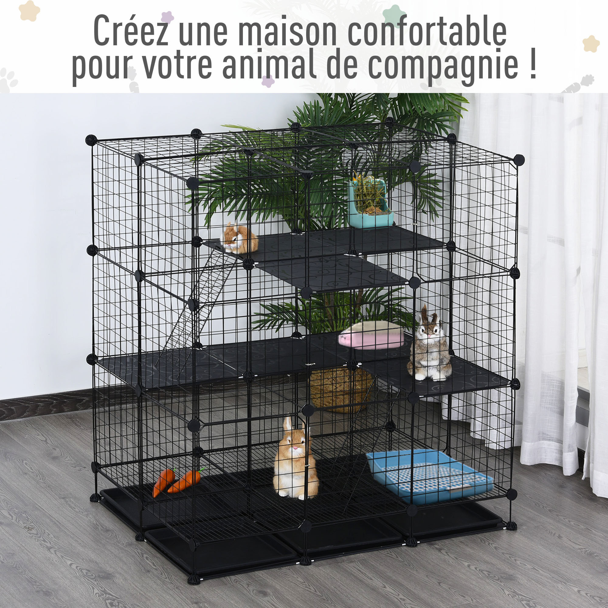 Cage parc enclos rongeurs modulable dim. L 111 x l 75 x H 119 cm 3 niveaux 4 portes fil métallique noir